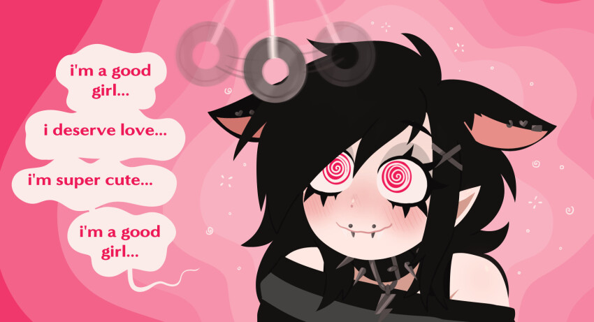 ahoge animal_ears bare_shoulders black_hair blush clothed coin collar dog_girl earrings elf_ears eyeshadow female_only femsub hair_clips hair_covering_one_eye happy_trance lip_piercing necklace pendulum piercing pink_background pink_eyes realishangel smile solo spiral_eyes sweater text wholesome