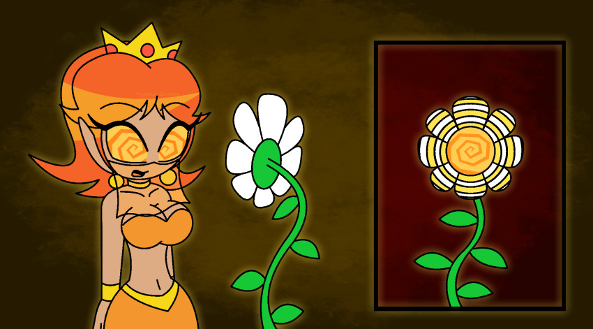 alternate_costume bare_shoulders crown dazed femsub flower hypnoscream hypnotic_flower hypnotic_plant midriff navel nintendo orange_eyes orange_hair plant princess princess_daisy royalty spiral_eyes spiralwash_eyes super_mario_bros. veil