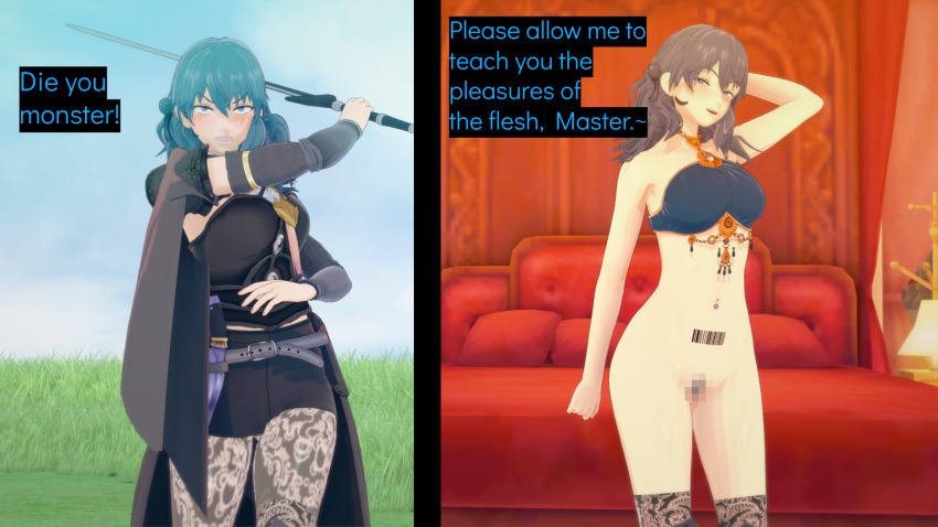 3d armor barcode bed bedroom belt blue_eyes blue_hair blush bottomless byleth_eisner cloak corruption crotch_tattoo cyanstargazer english_text fire_emblem fire_emblem_three_houses grey_eyes grey_hair koikatsu! outdoors sword tagme tattoo text thighhighs weapon