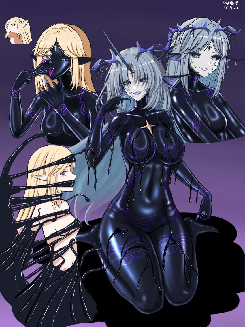 absurdres assertive_sub blonde_hair blue_eyes blue_hair bodysuit breast_expansion breasts cartethyia corruption elf_ears evil_smile eyebrows_visible_through_hair femsub fktu5453 fleurdelys frieren:_beyond_journey&#039;s_end gradient_background hair_color_change large_breasts meme multiple_girls multiple_subs multiple_views purple_background resisting restrained signature simple_background small_breasts smile symbiote tight_clothing wuthering_waves