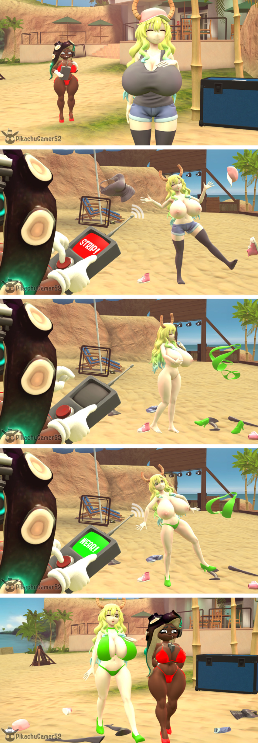 absurdres aware bare_breasts bare_legs bare_shoulders barefoot bikini bikini_bottom bikini_top body_control female_only femsub happy_trance high_heels huge_breasts jean_shorts marina_(splatoon) miss_kobayashi&#039;s_dragon_maid nintendo nude pikachugamer52 quetzalcoatl_(maidragon) remote_control spiral spiral_eyes spiralwash_eyes splatoon splatoon_2 splatoon_3 tank_top tech_control undressing undressing_command