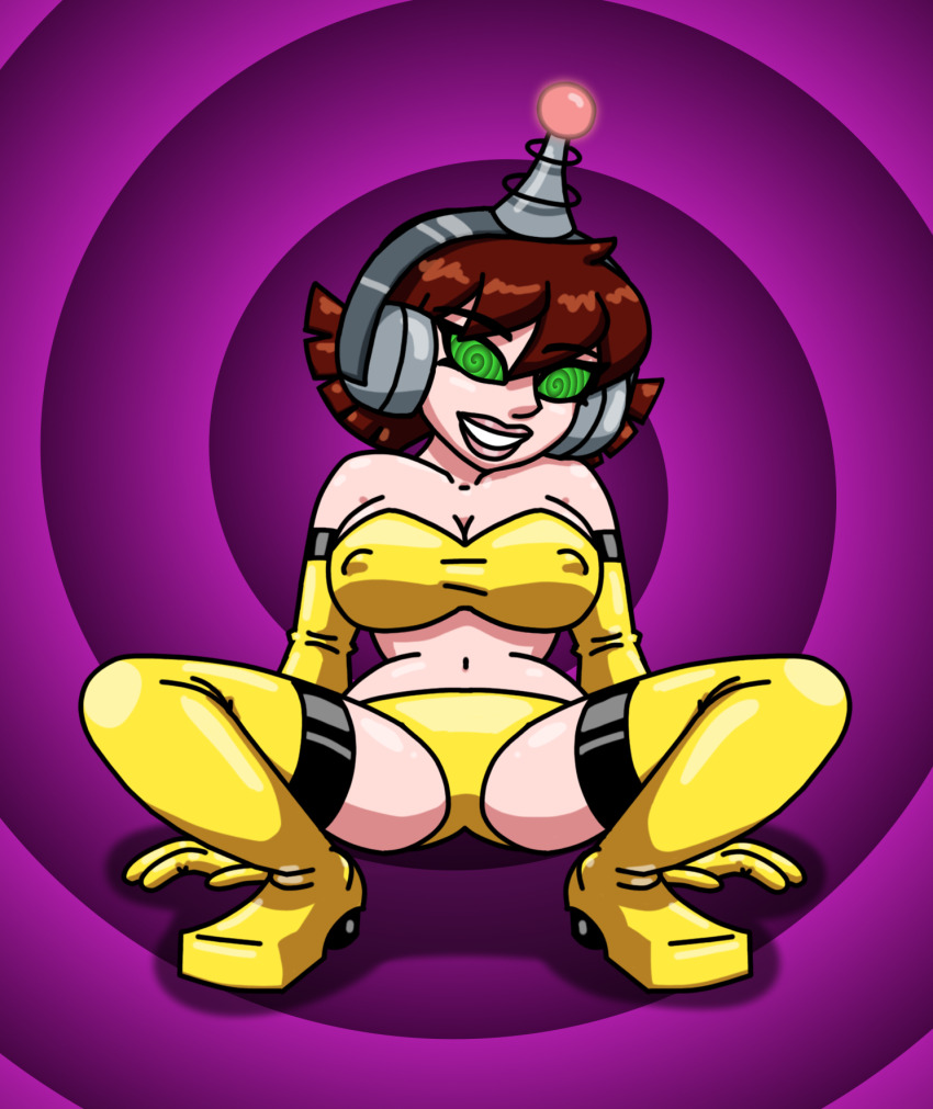 antenna brown_hair earth&#039;s_mightest_heroes erect_nipples_under_clothes fembot femsub green_eyes happy_trance headphones high_heels janet_van_dyne latex marvel_comics opera_gloves robotization short_hair sitting smile spiral_background spiral_eyes spiralwash_eyes supertechno324 swimsuit tech_control thigh_boots wasp