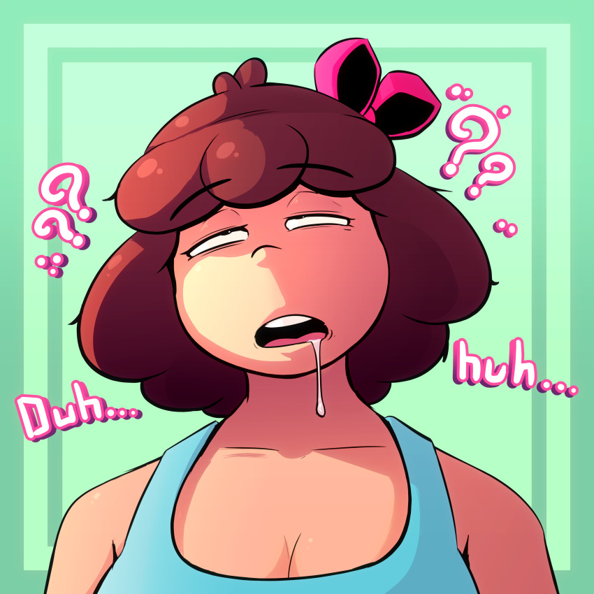 absurdres bow brain_drain brown_hair brushie_art cleavage collarbone confused dialogue drool eye_roll femsub hair_ribbon heavy_eyelids open_mouth original penny_(brushie_art) ribbon short_hair simple_background solo tank_top text