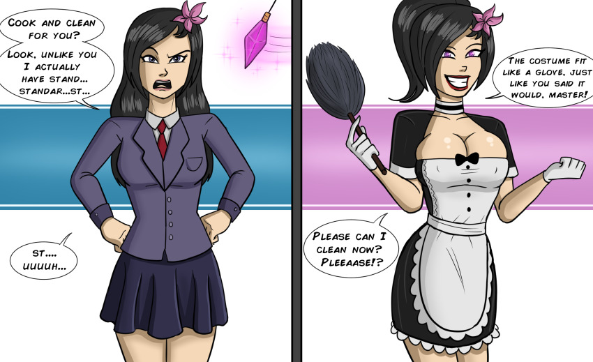 alternate_costume alternate_hairstyle apron before_and_after black_hair bow breasts choker cleavage collarbone comic empty_eyes feather_duster femsub flower forced_employee gloves happy_trance large_breasts lipstick maid makeup original pendulum polmanning ponytail purple_eyes school_uniform skirt smile stepfordization text tie transformation