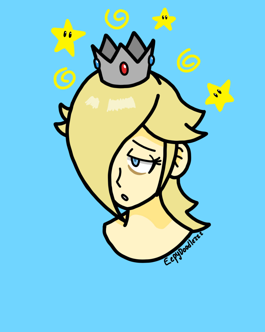 absurdres blonde_hair blue_background blue_eyes confused crown dazed eepydoodlezzz femsub hair_covering_one_eye heavy_eyelids nintendo princess princess_rosalina simple_background sleepy solo spiral super_mario_bros. super_mario_galaxy topless