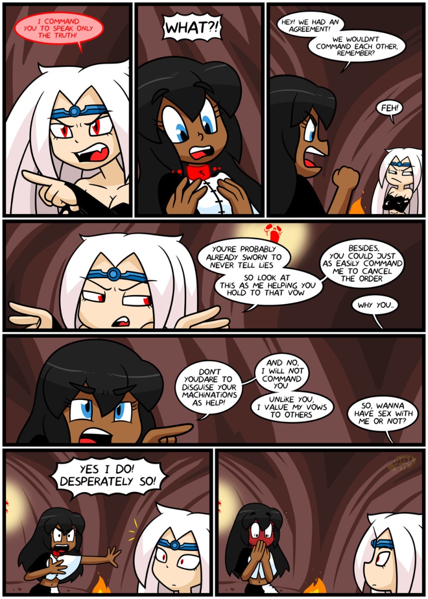 blush caption collar comic crown dark_skin embarrassed female_only long_hair nun white_hair witch xierra099 yuri