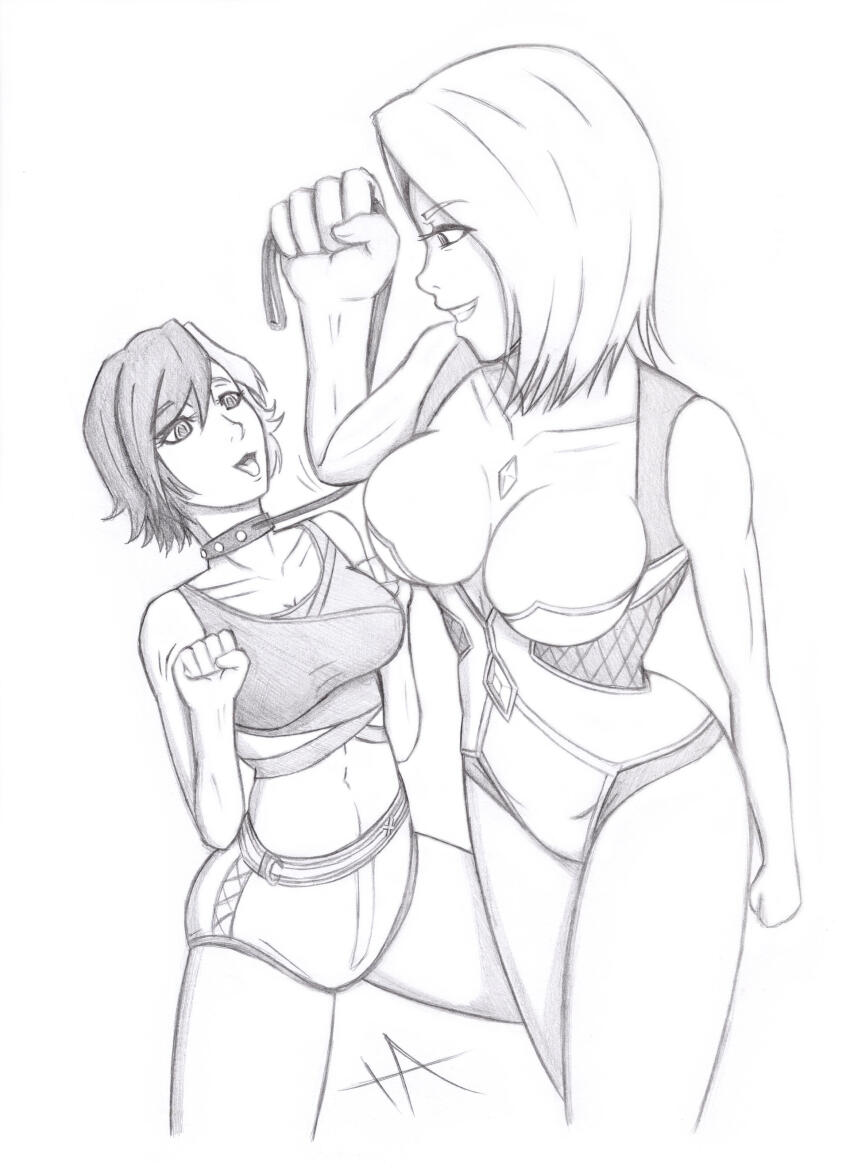 absurdres breasts cleavage clothed collar emma_frost empty_eyes evil_smile female_only femdom femsub greyscale happy_trance iashmoreart leash luna_snow marvel_comics marvel_rivals midriff navel pet_play short_hair simple_background smile super_hero thighs tongue tongue_out white_background x-men