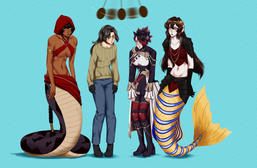 amber_(frostnova5) bikini bikini_top black_hair brown_hair cat_ears cat_girl dark_skin eleanor_pearls_(frostnova5) female_only femsub glasses kathrine_darkhollow liloloria mermaid midriff naga_girl original pendulum pov_dom red_hair ring_eyes sleepy thala_(frostnova5)