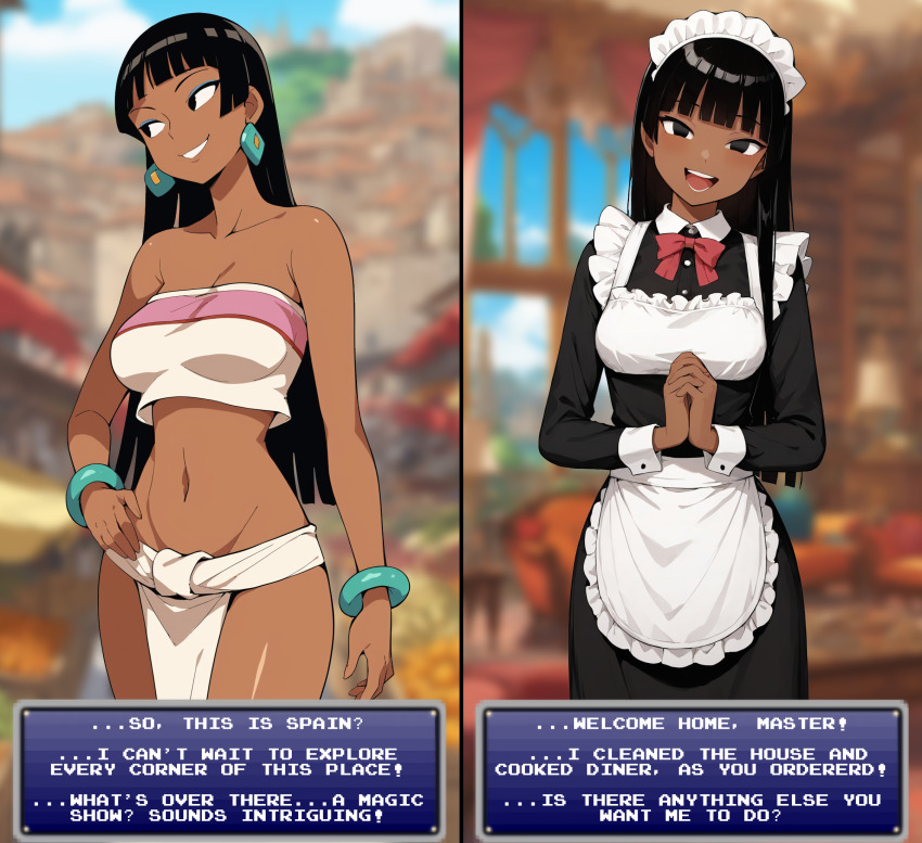 ai_art apron before_and_after black_eyes black_hair bow_tie bracelet chel_(the_road_to_el_dorado) earrings fungip_(generator) hand_on_hip loincloth looking_at_viewer maid maid_headdress makeup smile text the_road_to_el_dorado tube_top