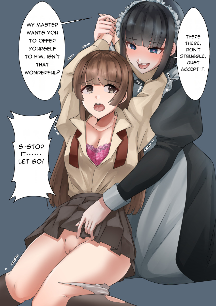 absurdres altered_common_sense betrayal black_hair blue_background blue_eyes blush bra brown_eyes brown_hair censored cleavage collarbone dialogue enemy_conversion english_text eyebrows_visible_through_hair femsub happy_trance hard_translated heart_eyes hypnotized_assistant long_hair maid maid_headdress maledom memory_alteration multiple_girls open_mouth original pussy resisting restrained scared school_uniform secret_society_hamelin short_hair simple_background skirt skirt_lift speech_bubble symbol_in_eyes text torn_clothes underwear undressing uniform upskirt