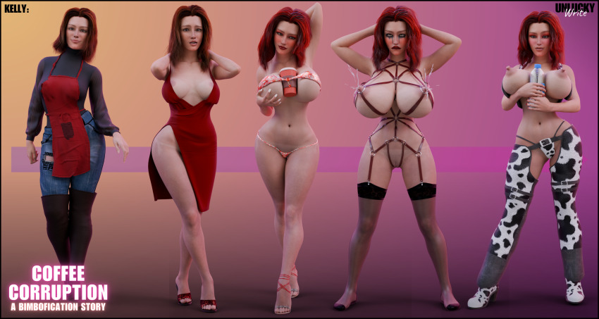 3d apron before_and_after bikini bimbofication blush boots breast_expansion brown_hair cow_girl cow_print dress female_only femsub harness holding_breasts lactation large_breasts original red_hair text transformation unluckywrite