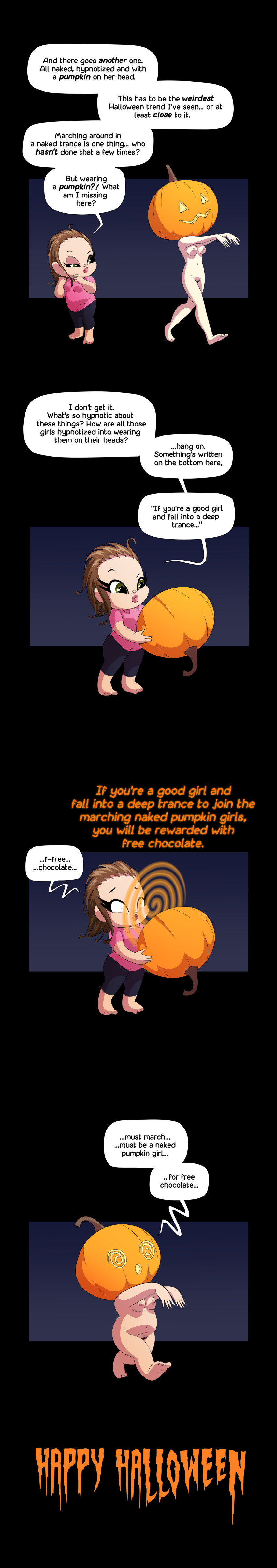 barefoot brown_hair chibi chubby comic dialogue dina-m dina-m_(character) halloween humor nude pumpkin shrunken_irises zombie_walk