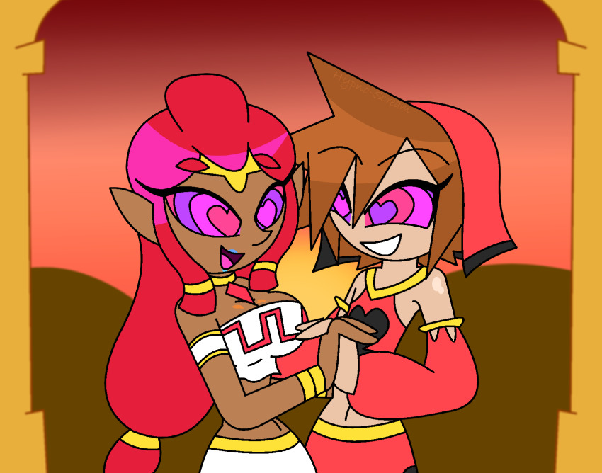 aged_up alternate_costume bare_shoulders blue_lipstick breasts breath_of_the_wild brown_hair cleavage clothed crossover dark_skin disney femsub gerudo happy_trance heart_eyes heterosexual holding_hands hypnoscream kingdom_hearts lipstick long_hair makeela_riju malesub midriff navel nintendo open_mouth red_hair short_hair smile sora spiral_eyes square_enix sub_on_sub symbol_in_eyes tears_of_the_kingdom the_legend_of_zelda very_long_hair