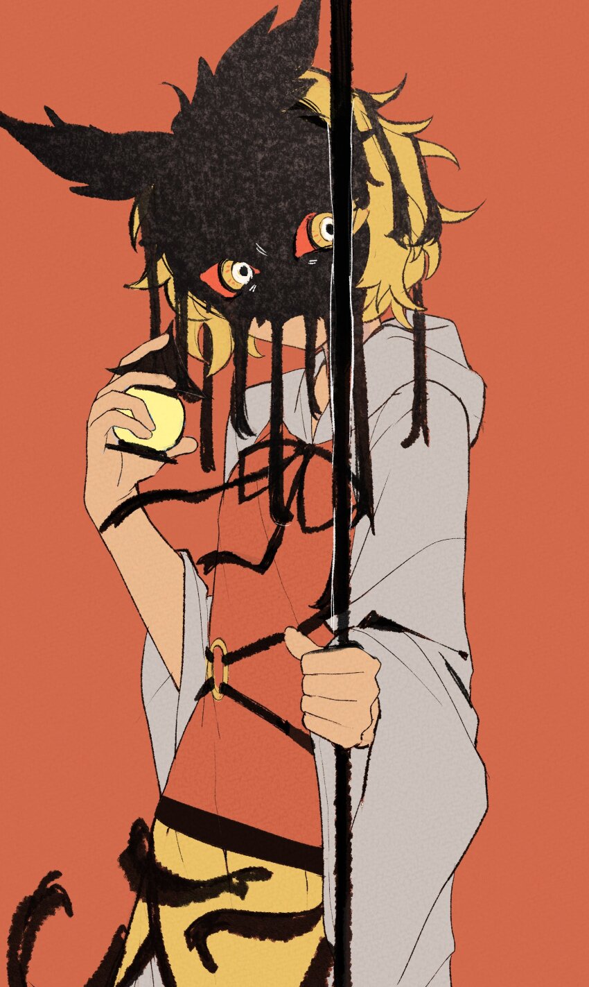 absurdres androgynous_dom blonde_hair clothed commeowdore corruption dream_tiger_(govy9807) femsub hood hoodie hypnotic_slime looking_at_viewer looking_back mask orange_background original possession red_sclera short_hair shou_toramaru simple_background skirt slime spear touhou weapon