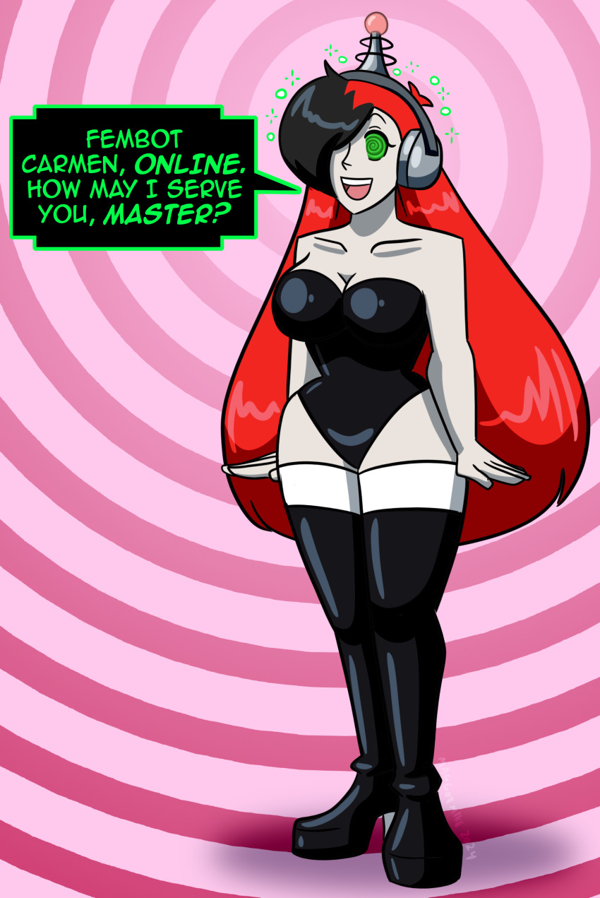 absurdres antenna bubble carmen_(brokenteapot) cleavage collarbone dialogue female_only fembot femsub green_eyes hair_covering_one_eye happy_trance headphones high_heels leotard maggotmike maledom one-piece_swimsuit open_mouth original pale_skin red_hair smile solo sparkle speech_bubble spiral_background spiralwash_eyes standing standing_at_attention tech_control text thigh_boots thighhighs very_long_hair