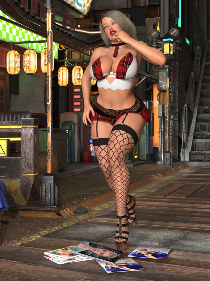 3d blonde_hair blue_eyes cleavage clothed collar creativeguy59 dazed female_only femsub fishnets high_heels lipstick midriff miniskirt navel open_mouth tie