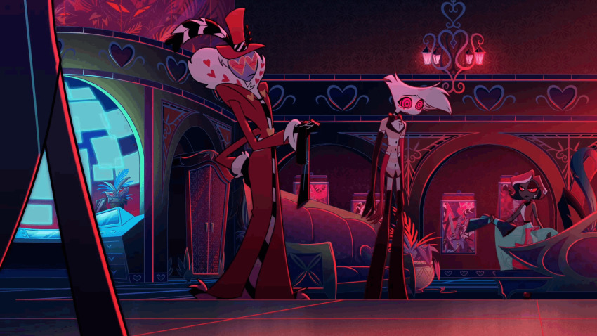angel_dust_(hazbin_hotel) animated animated_gif dressing expressionless eye_color_change hazbin_hotel limp maledom malesub official red_eyes ring_eyes screencast slouching spoilers standing unaware valentino velvette_(hazbin_hotel) vox