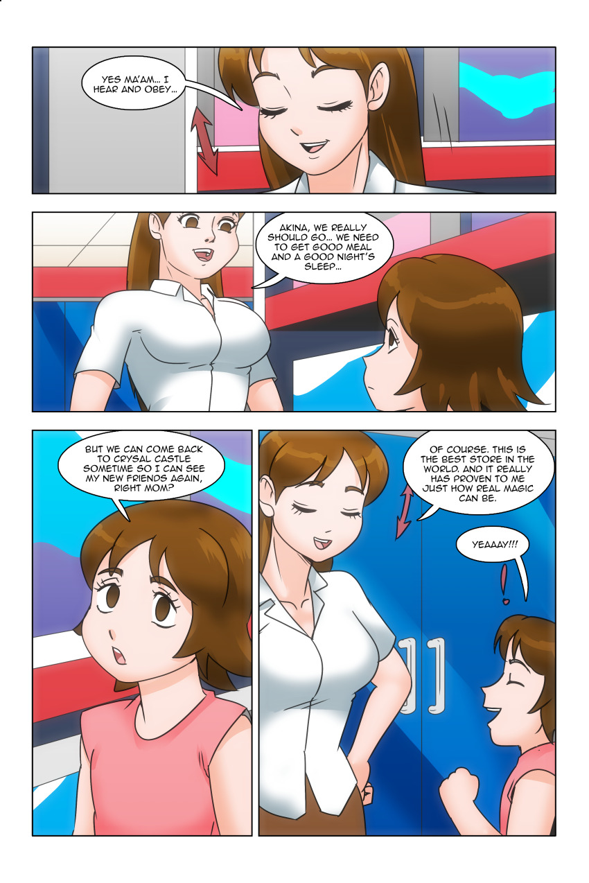 absurdres akina_mirakami_(daveyboysmith9) aoi_mirakami_(daveyboysmith9) border brown_eyes brown_hair closed_eyes clothed comic dialogue empty_eyes english_text female_only femsub happy_trance large_breasts loli long_hair mother_and_daughter multiple_girls multiple_subs original short_hair smile speech_bubble story text wadevezecha