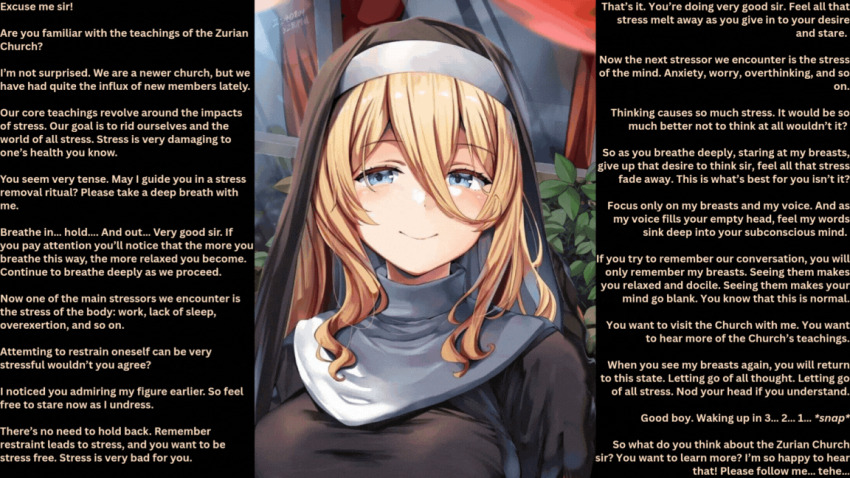 animated animated_gif belko blonde_hair blue_eyes bra breasts character_request cleavage clothed copyright_request english_text femdom gloves hypnotic_breasts large_breasts looking_at_viewer malesub manip nun smile text undressing unknownn_(manipper)