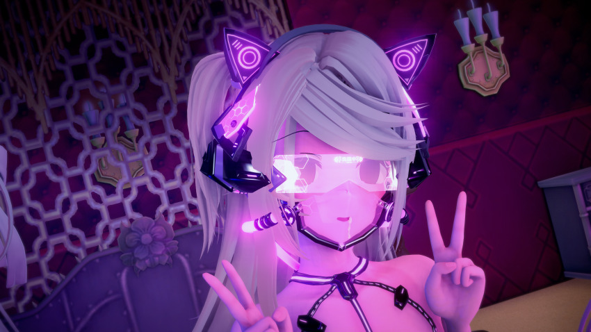 3d absurdres bangs bare_shoulders cat_ears double_v drool empty_eyes evilfall_(yaokisub) expressionless face_mask fake_animal_ears female_only femsub glowing happy_trance headphones koikatsu! long_hair multiple_girls original see-through tech_control v visor white_hair yuanzheng_qihai_de_qianqiu_lan_nano