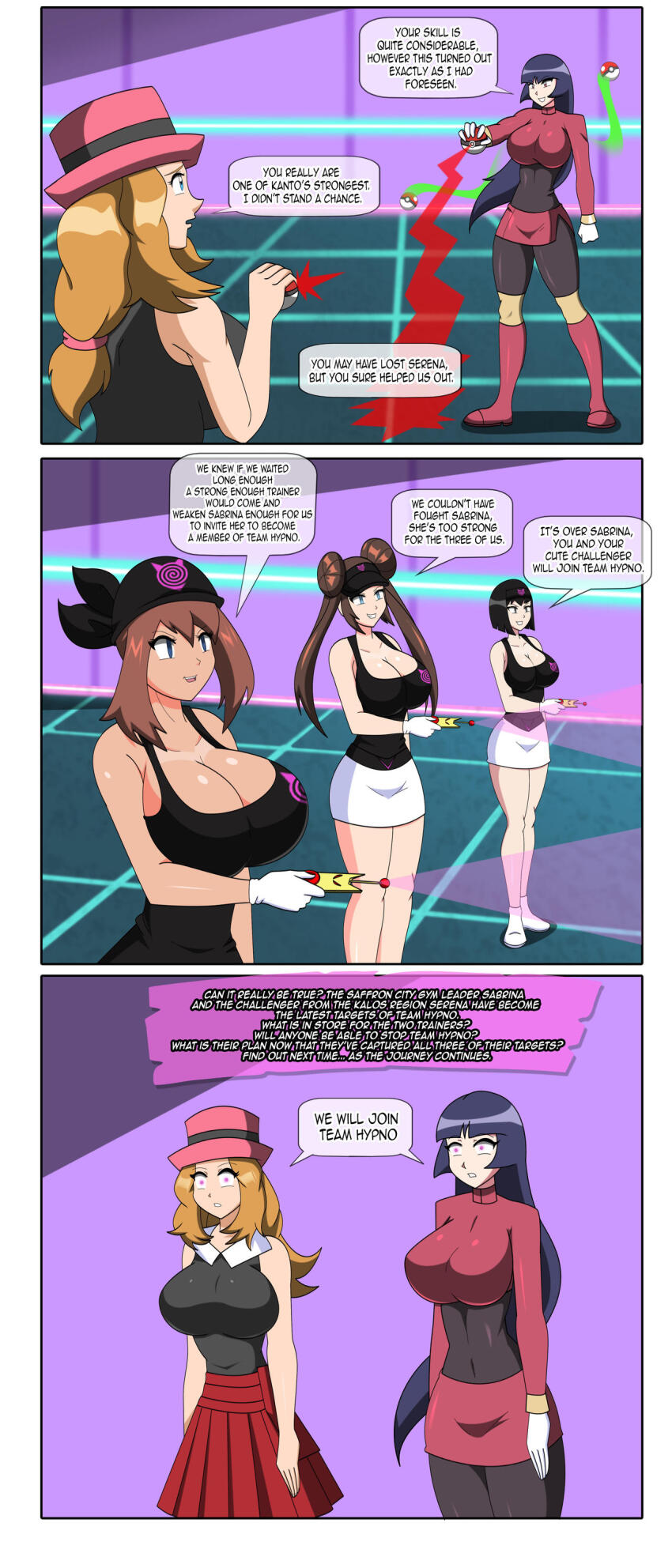 black_hair blue_hair brown_hair comic dialogue dlobo777 empty_eyes erika_(pokemon) femsub hypnotized_hypnotist large_breasts long_hair may nintendo pokeball pokemon rosa_(pokemon) sabrina serena text