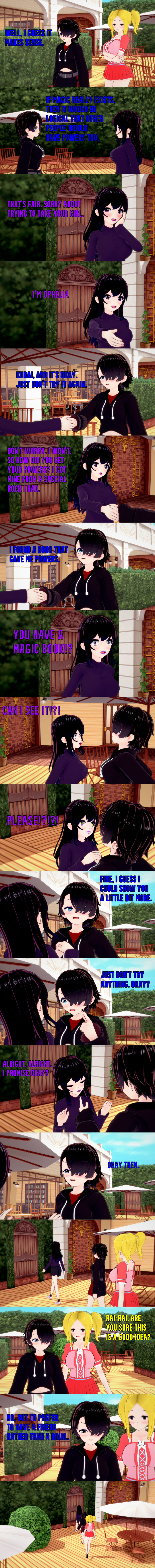 absurdres black_hair blonde_hair blue_eyes brown_eyes closed_eyes clothed dialogue english_text female_only femdom hair_covering_one_eye kurai_(witch) long_hair mad_jacks mia_(witch) multiple_girls ophelia's_dollhouse ophelia_(ophelia's_dollhouse) purple_eyes short_hair symbol_in_eyes text witch_(mad_jacks)