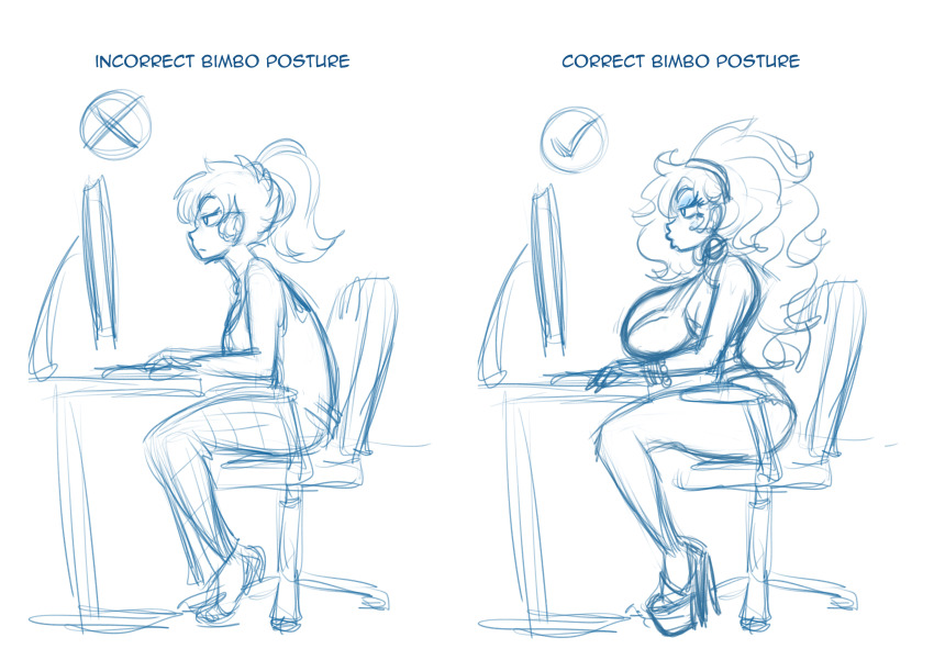 absurdres ass_expansion bare_legs before_and_after bimbofication breast_expansion breasts clothed earrings female_only hair_growth high_heels kobi94 large_breasts meme monochrome original ponytail sideboob sitting sketch text