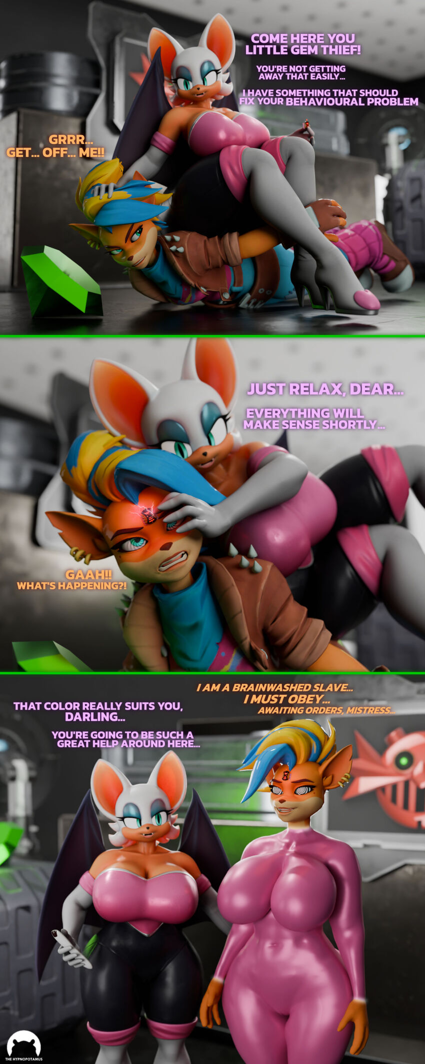 3d before_and_after crash_bandicoot_(series) female_only femdom femsub furry large_breasts latex rouge_the_bat sonic_the_hedgehog_(series) spiral_eyes tawna_bandicoot text thehypnopotamus