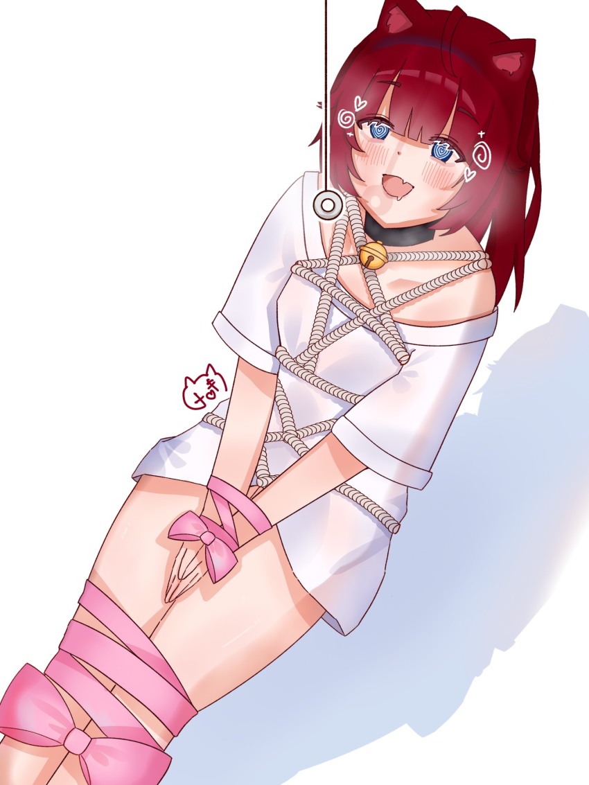 ahoge bangs bare_legs bell_collar blue_eyes blush bondage cat_ears cat_girl clothed collar collarbone female_only femsub hair_band happy_trance heart heart_eyes m3esaki open_mouth pendulum red_hair restrained ribbon ribbon_bondage ring_eyes shibari shirt simple_background smile solo spiral symbol_in_eyes white_background