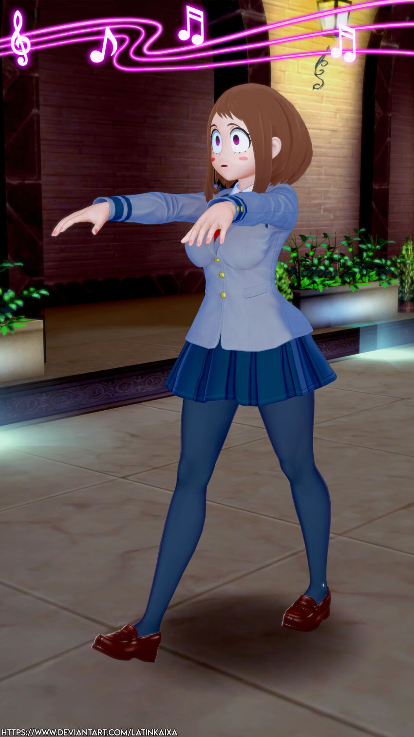 3d brown_hair empty_eyes femsub hypnotic_music large_breasts latinkaixa my_hero_academia ochaco_uraraka school_uniform short_hair zombie_walk