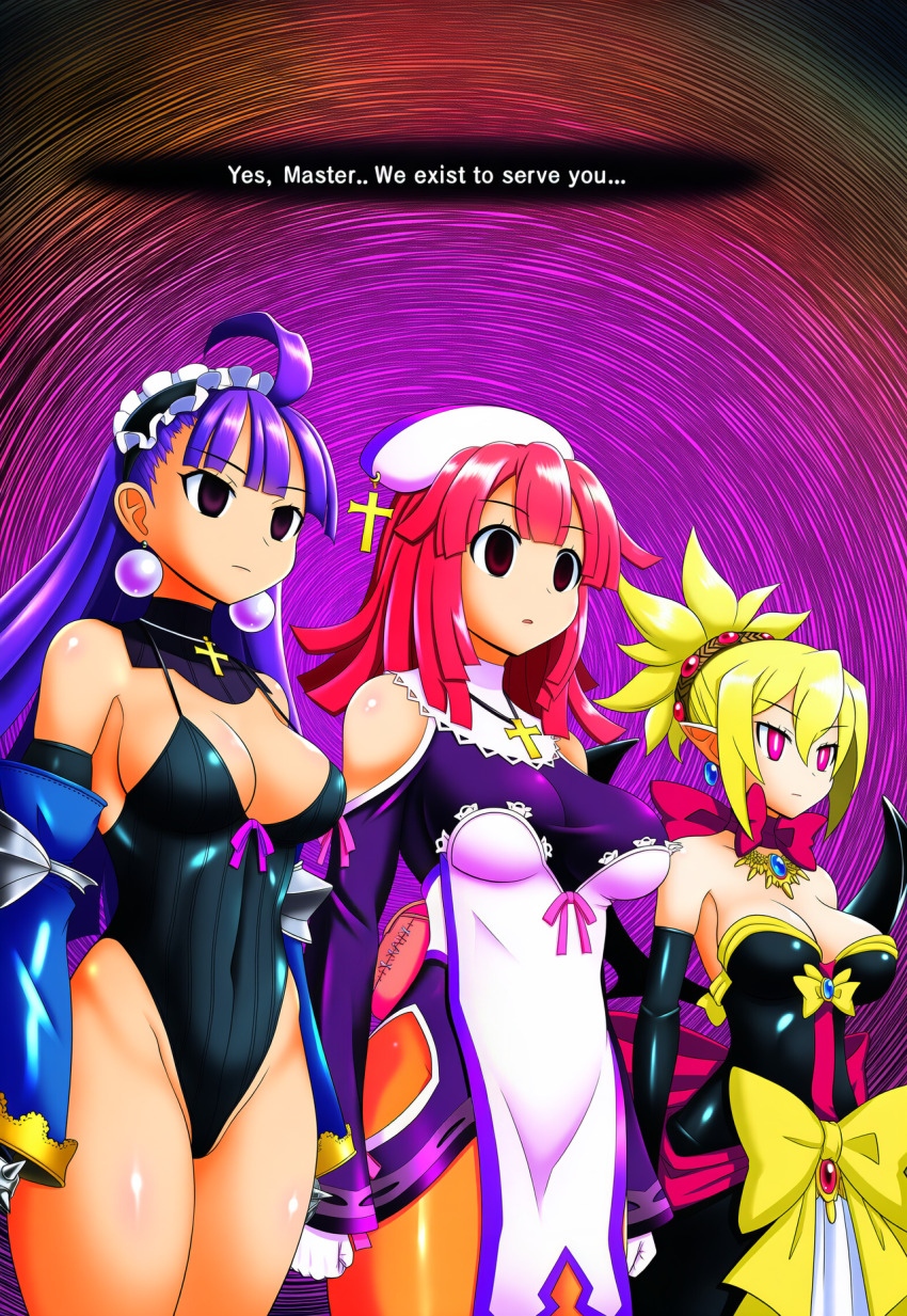 ai_art blonde_hair bow cleavage cross dark_eclair demon_girl disgaea_2 dress earrings empty_eyes english_text expressionless femsub gloves gradient_background hair_ornament hellsing002_(generator) jewelry la_pucelle:tactics leotard long_hair maid_headdress necklace pantyhose priere purple_hair red_hair ribbon rozalin spiral_background standing_at_attention