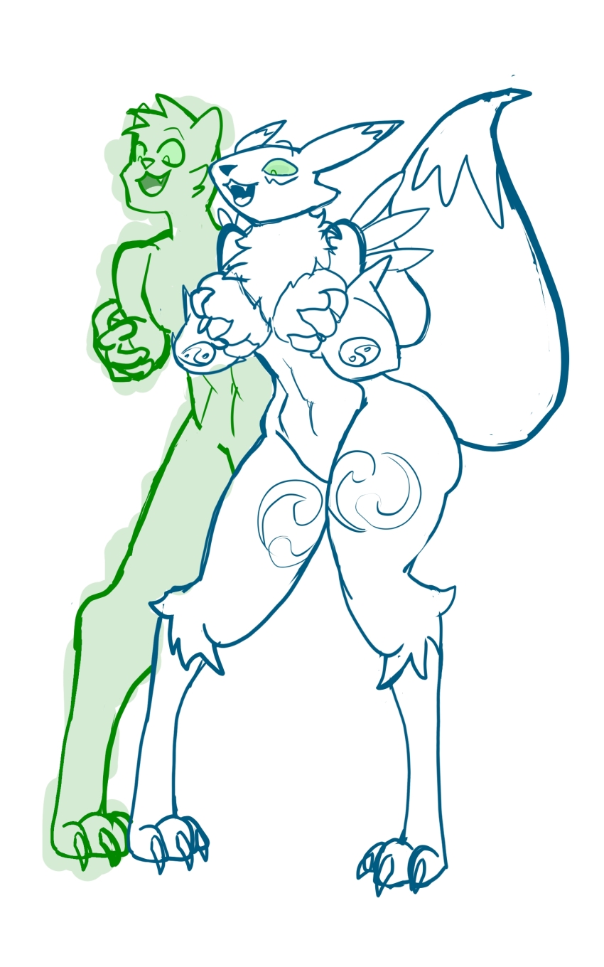 absurdres aura bandai_namco breast_fondling breasts character_request digimon eye_color_change femsub ghost glowing_eyes green_eyes green_sclera happy_trance large_breasts maledom monochrome original possession renamon renamuncher simple_background standing tail white_background