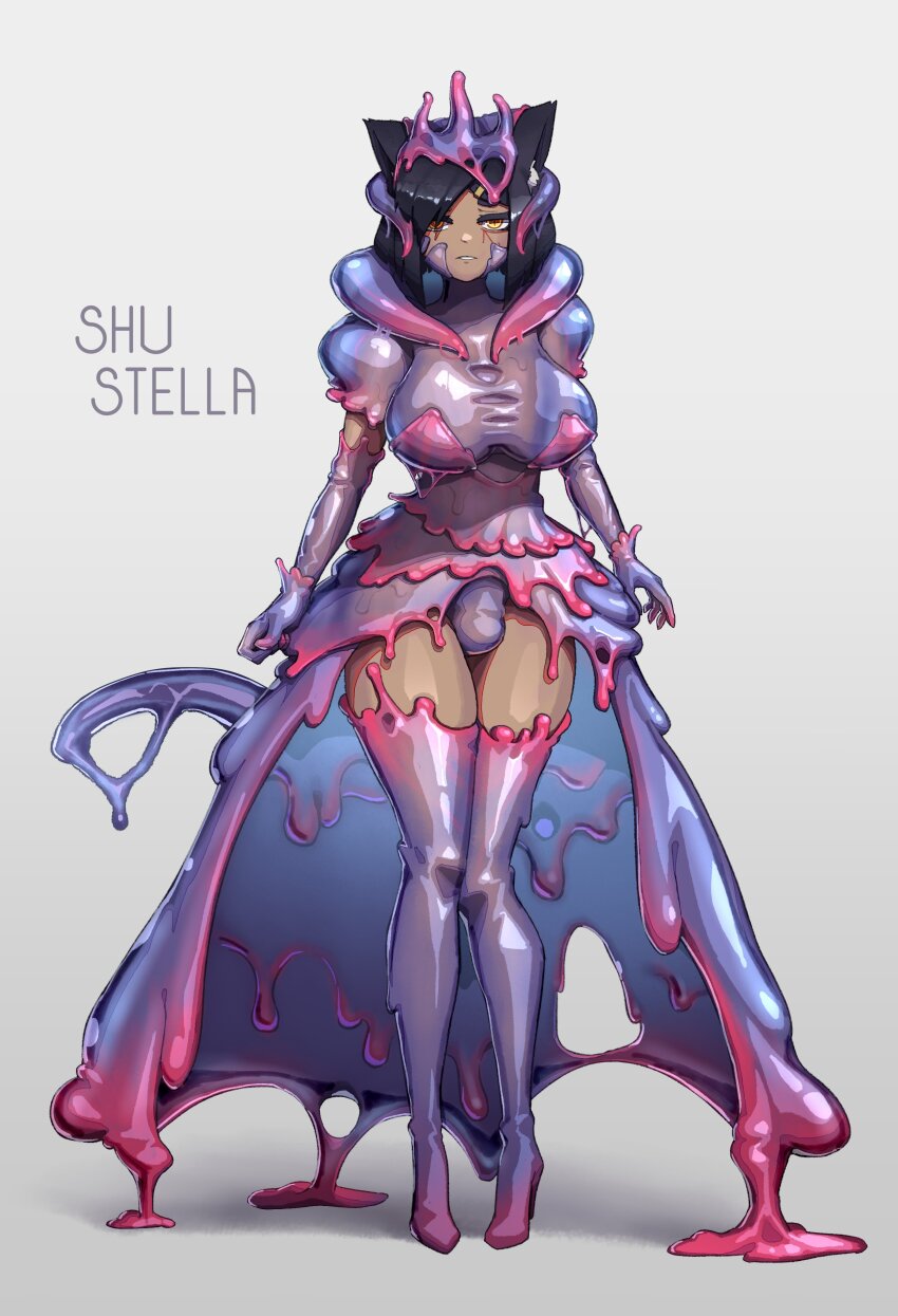 animal_ears black_hair female_only femsub original shu_stella slime solo tail white_background