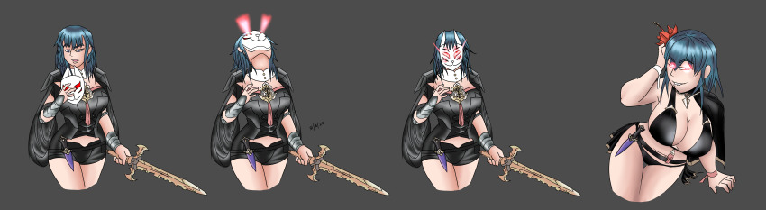 alternate_costume blue_hair breasts byleth_eisner corruption femsub fire_emblem fire_emblem_heroes fire_emblem_three_houses flower flower_in_hair glowing glowing_eyes happy_trance hypnotic_mask large_breasts leaning_forward long_hair mask midriff nintendo ongcs123 possession red_eyes seductive_smile sequence simple_background smile sword thighs weapon