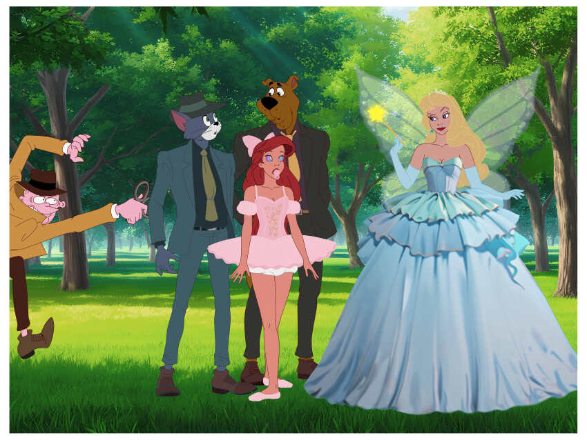 absurdres ariel ballerina bare_shoulders blonde_hair bow crossover crown diaper disney dress ed_edd_n_eddy eddy fairy femsub furry gloves handcuffs hat kaa_eyes long_hair lupin_iii magic_wand outdoors pacifier red_hair scooby-doo scooby-doo_(series) serisabibi slippers smirk standing the_little_mermaid tie tom_and_jerry tom_cat trees tutu vanessa_(the_little_mermaid)