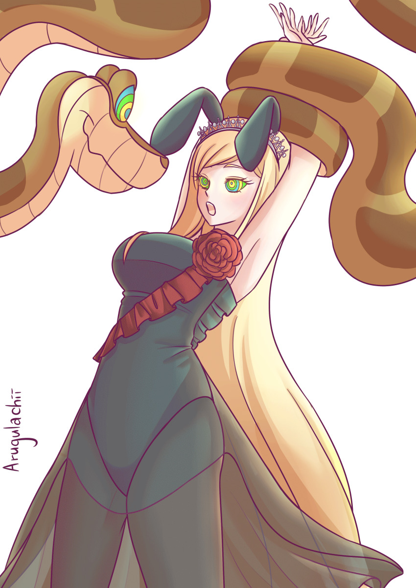 alternate_costume animated animated_gif arugulachii blonde_hair bondage breasts bunny_ears bunny_girl bunnysuit coils crossover dangan_ronpa dialogue disney english_text fake_animal_ears femsub happy_trance kaa kaa_eyes large_breasts maledom ping princess restrained simple_background smile snake sonia_nevermind text the_jungle_book very_long_hair white_background