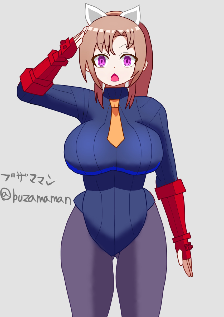 brown_hair buzamaman capcom character_request empty_eyes expressionless female_only femsub fingerless_gloves gloves grey_background huge_breasts leotard open_mouth pantyhose pink_eyes ponytail saluting shadaloo_dolls simple_background solo standing standing_at_attention street_fighter thick_thighs thigh_gap tie wide_hips