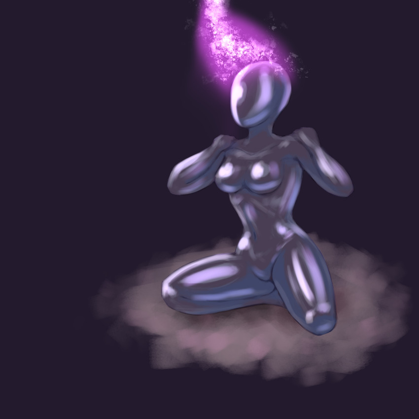 bodysuit bondage corruption drone faceless female_only femsub glowing kneeling latex magic mask purple_background rubber simple_background solo spread_legs tight_clothing unrelated