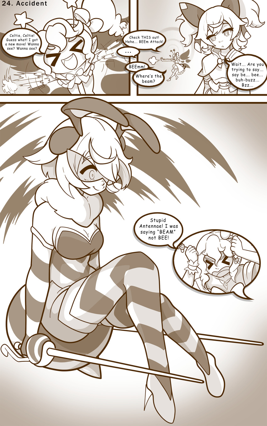 accidental_hypnosis angry antenna bappy_(hypnolandom) bee_girl bee_suit bow celtie_(world_flipper) comic disguised_hypnotist empty_eyes fairy femdom femsub floating happy_trance high_heels hypnovember original sword tagme text visor wings