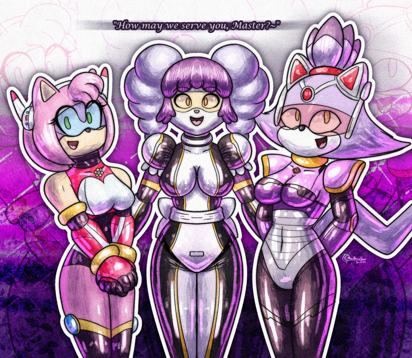 absurdres ahegao altered_common_sense alternate_costume ameerashourdraws amy_rose animal_ears ayuko_(jcroth) blaze_the_cat bodysuit cat_girl clothed collar empty_eyes female_only fembot femsub happy_trance hedgehog_girl indeedee latex looking_at_viewer multiple_girls nintendo open_mouth original pokemon pokemon_(creature) robot robot_girl rubber smile sonic_the_hedgehog_(series) standing standing_at_attention tech_control tongue