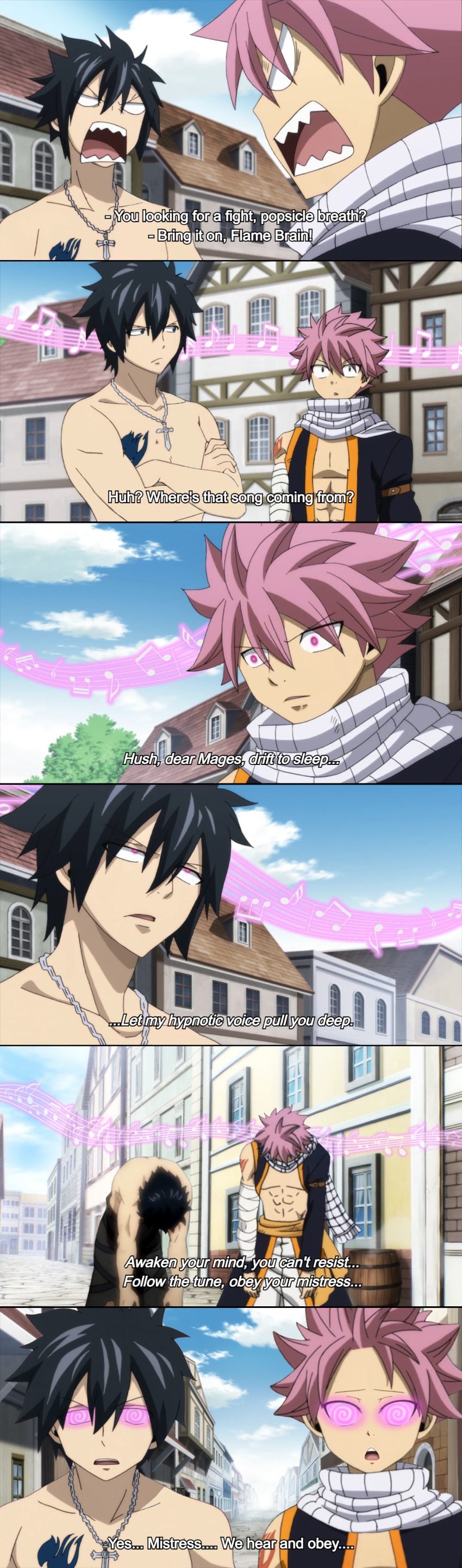 abs black_hair dazed dialogue eye_roll fairy_tail femdom glowing_eyes gray_fullbuster hypnotic_music hypnotic_voice male_only malesub manip multiple_boys multiple_subs natsu_dragneel open_mouth pink_eyes pink_hair scarf sleeping spiral_eyes subtitled text theinvisiblebrad_(manipper)