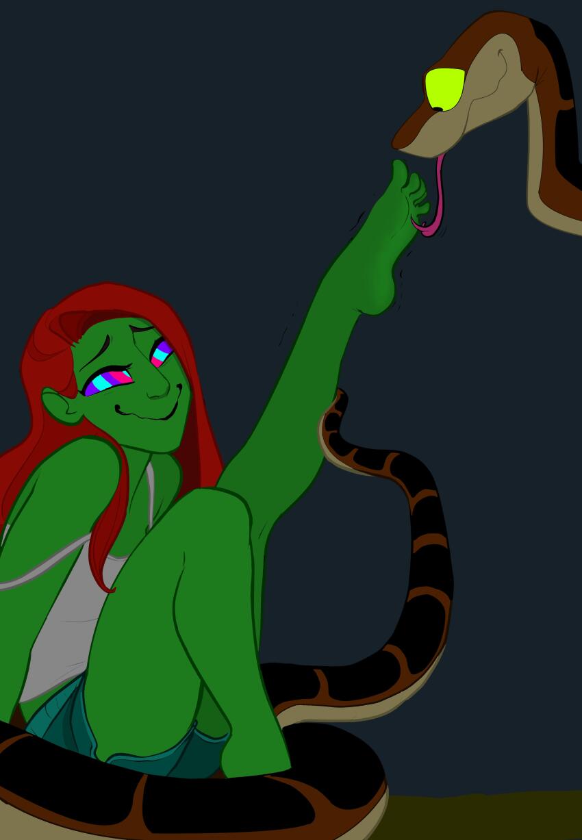 absurdres bare_legs barefoot clothed colorrings dc_comics disney feet femsub foot_licking green_skin kaa kaa_eyes long_hair poison_ivy red_hair short_shorts shorts simple_background smile snake tank_top the_jungle_book tickling