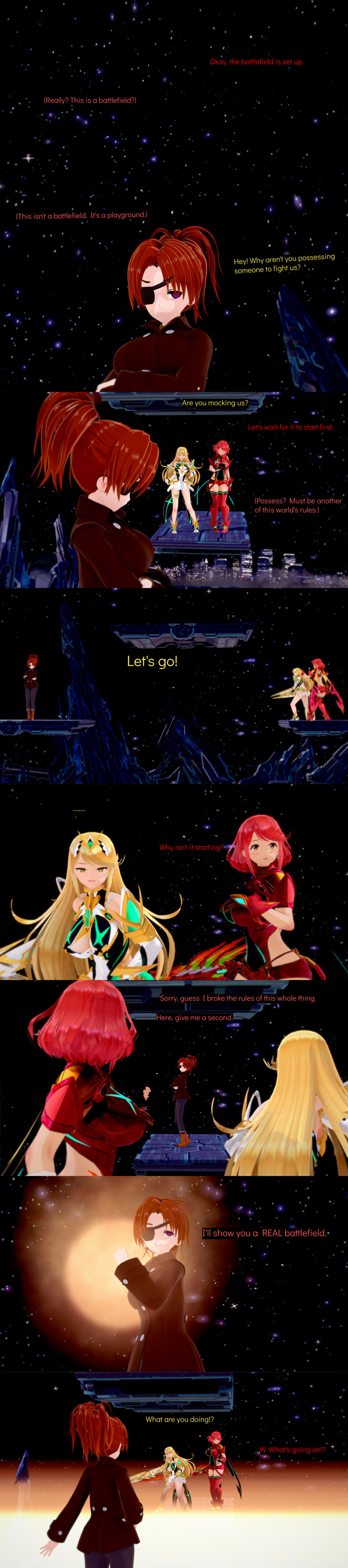 absurdres aware blonde_hair clothed cyanstargazer dialogue english_text eyepatch female_only inferna_(cyanstargazer) long_hair multiple_girls mythra_(xenoblade) nintendo original pyra_(xenoblade) red_eyes red_hair short_hair super_smash_bros. sword text weapon xenoblade_chronicles xenoblade_chronicles_2 yellow_eyes