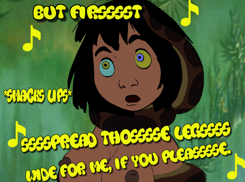 aged_up breasts coils disney femsub genderswap hypnotic_eyes kaa kaa_eyes large_breasts maledom mowgli nude singing text the_jungle_book topless waqqed_(manipper)