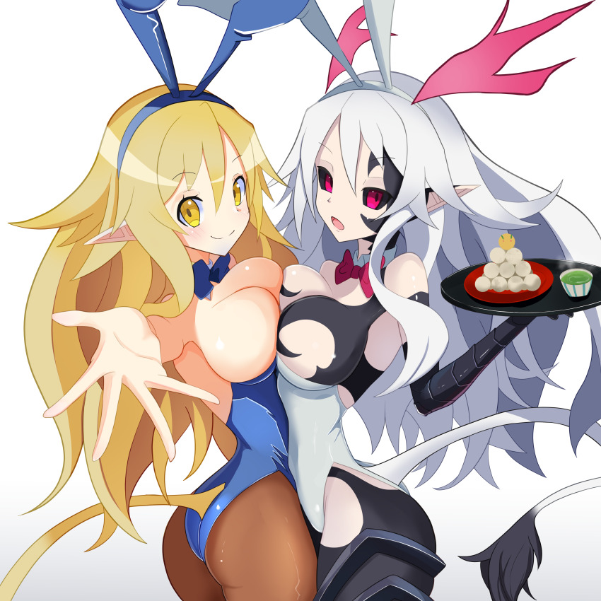 alternate_costume alternate_hair_color ass black_sclera blonde_hair bow_tie breast_press breasts bunny_ears bunny_girl bunnysuit choker cleavage corruption demon demon_girl disgaea disgaea_5 dual_persona elf_ears femsub liezerota long_hair looking_at_viewer maledom octpus open_mouth pink_eyes possession smile tail tray void_dark white_hair yellow_eyes yuri