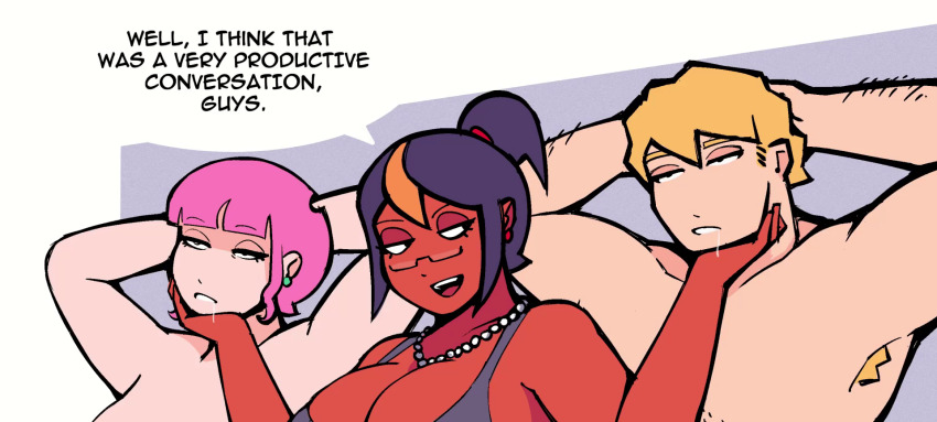 animated animated_gif armpit_hair arms_above_head bare_shoulders blonde_hair bra breasts cdlum damson_(cdlum) dazed drool earrings english_text eyebrows_visible_through_hair femdom femsub glasses jewelry large_breasts malesub maple_(cdlum) multicolored_hair multiple_subs necklace open_mouth original pear_(cdlum) pink_hair preview short_hair smile smug speech_bubble text underwear unfocused_eyes