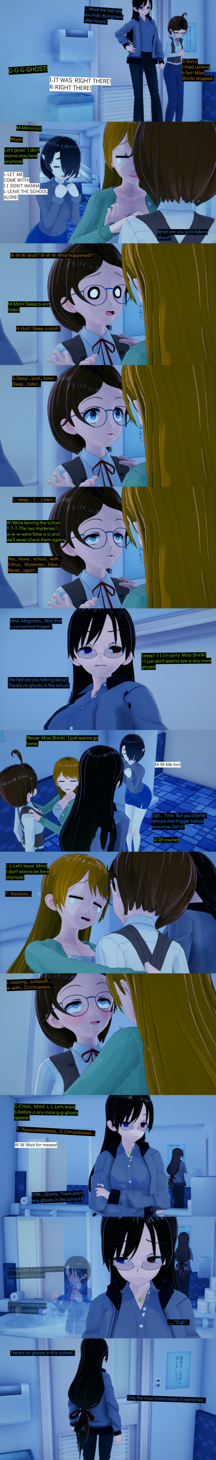 absurdres ahoge black_hair blue_eyes brown_eyes brown_hair citrus_(cyanstargazer) closed_eyes clothed cyanstargazer dialogue drool english_text female_only femdom femsub ghost ghost_girl glasses green_eyes heterochromia long_hair mimi_(cyanstargazer) miss_shiriki_(cyanstargazer) multiple_girls night original scared shade_(sobergin) short_hair teacher tears text white_skin whitewash_eyes