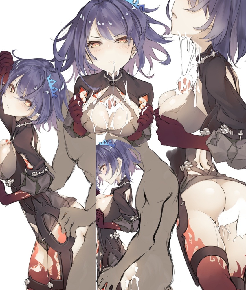 alice_(sinoalice) alternate_color_scheme alternate_costume blue_hair blush body_markings breasts cleavage corruption cum cum_in_ass cum_in_mouth cum_in_pussy cum_on_breasts cum_on_face eye_color_change faceless_male femsub from_behind happy_turn2 paizuri possession proud_lion red_skin sex short_hair sinoalice source_request square_enix white_background yellow_eyes
