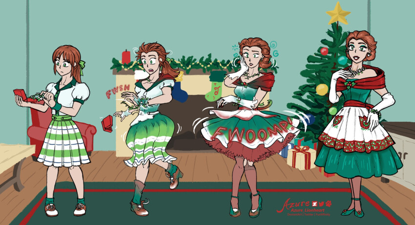 apron azure-lionheart bow christmas christmas_tree dress earrings green_eyes happy_trance high_heels hypnotic_accessory lipstick makeup necklace opera_gloves pantyhose red_hair skirt stepfordization