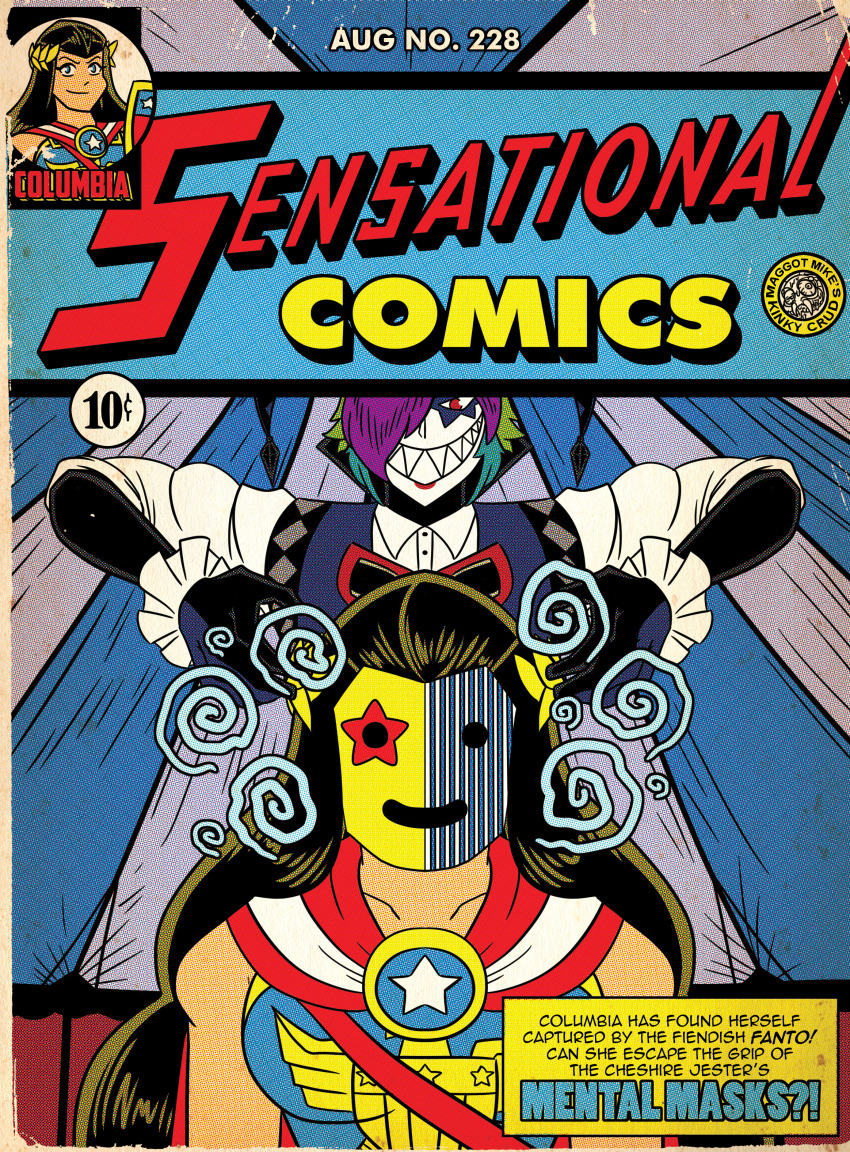 armor black_hair black_skin bow cape circus clown columbia_(maggotmike) fanto_(polarisbow) femsub gloves hypnotic_accessory jester long_hair maggotmike makeup maledom mask multicolored_hair original red_eyes red_lipstick sharp_teeth short_hair tattoo text vest